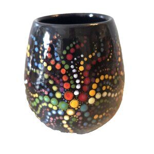 Pottery Wine Glass or Vase Mandala Dot Art Hand Painted Black